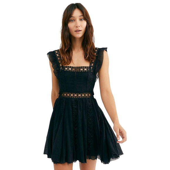 Free People Verona Black Mini Raw Hem Dress S Boho Lace Cottagecore Favorite - Picture 16 of 16